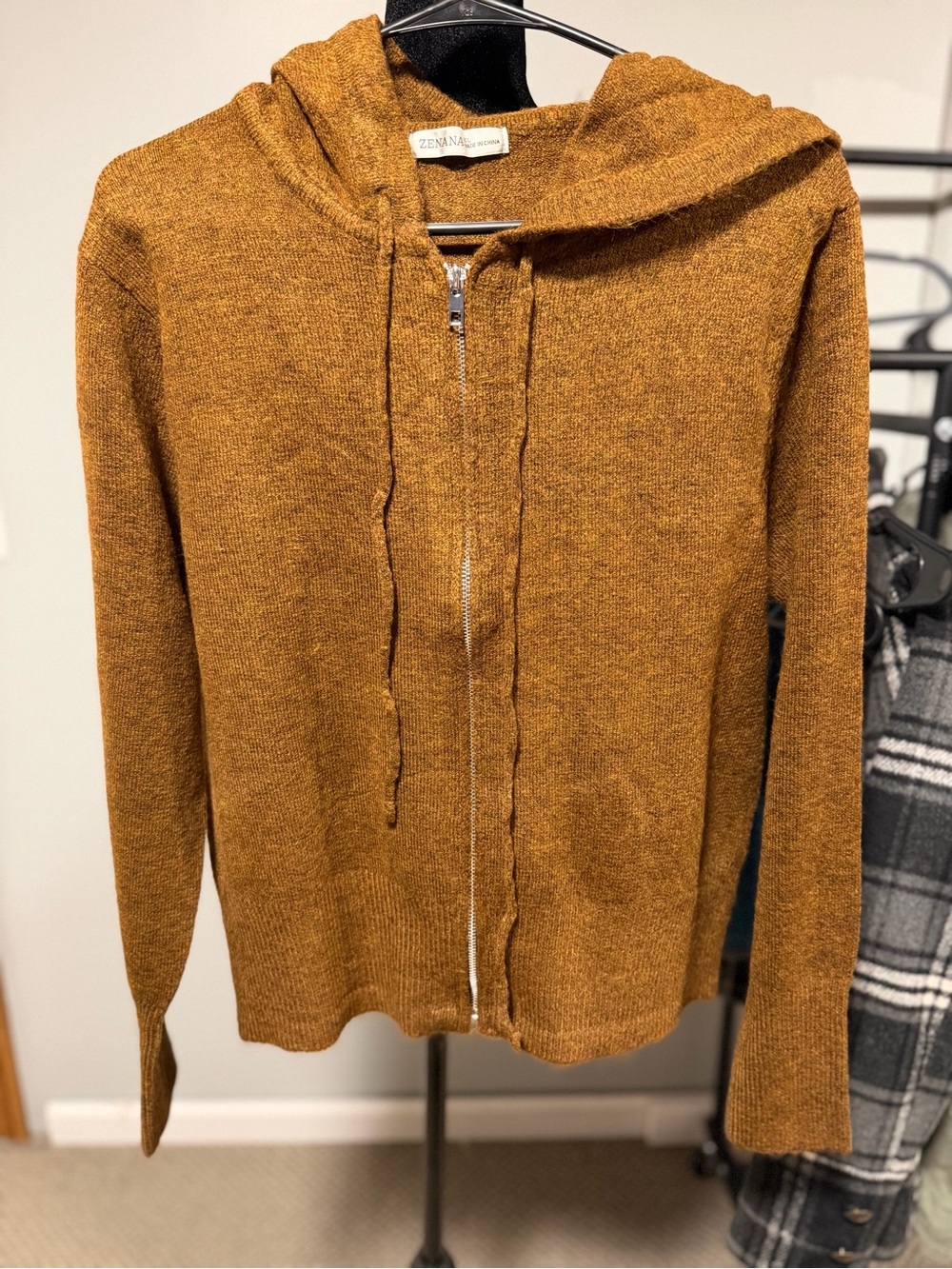 Zenana XL Mustard Knit Hooded Zip Up Cardigan Sweater NWOT
